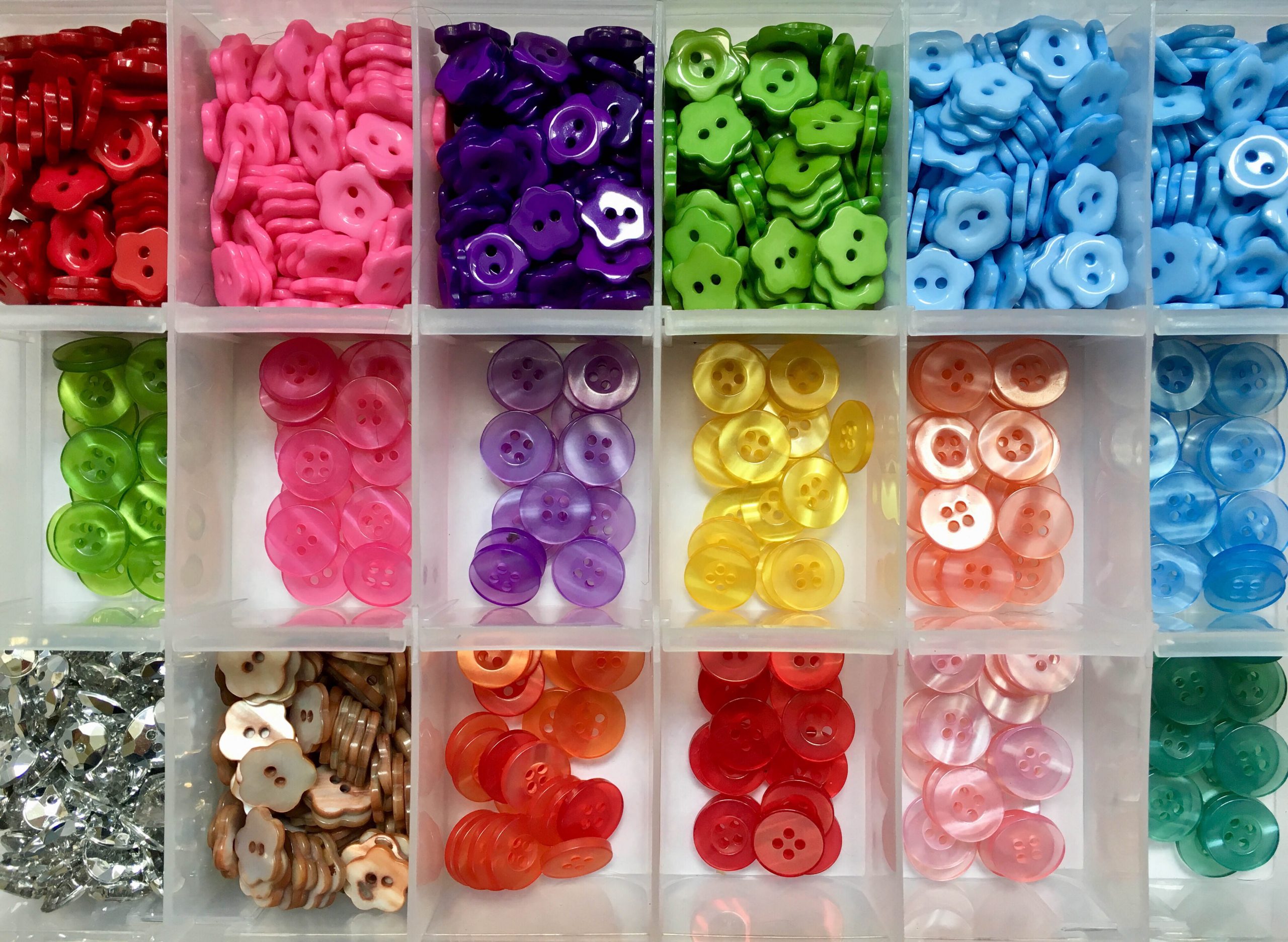 .קופסת פלסטיק עם כפתורים מסוגים שונים. בקופסה 18 תאים זהים ובכל תא מונחים כפתורים מאותו סוג